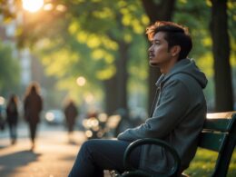 A young adult sitting alone on a park bench looking thoughtful and contemplative in a peaceful park setting.
