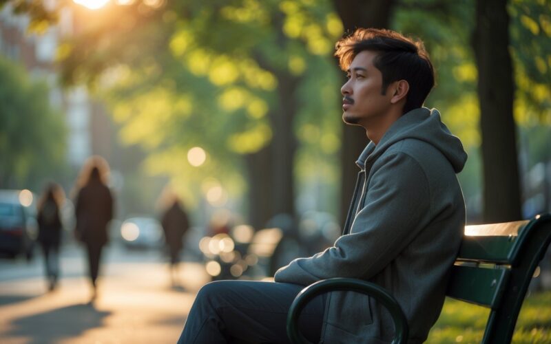 A young adult sitting alone on a park bench looking thoughtful and contemplative in a peaceful park setting.