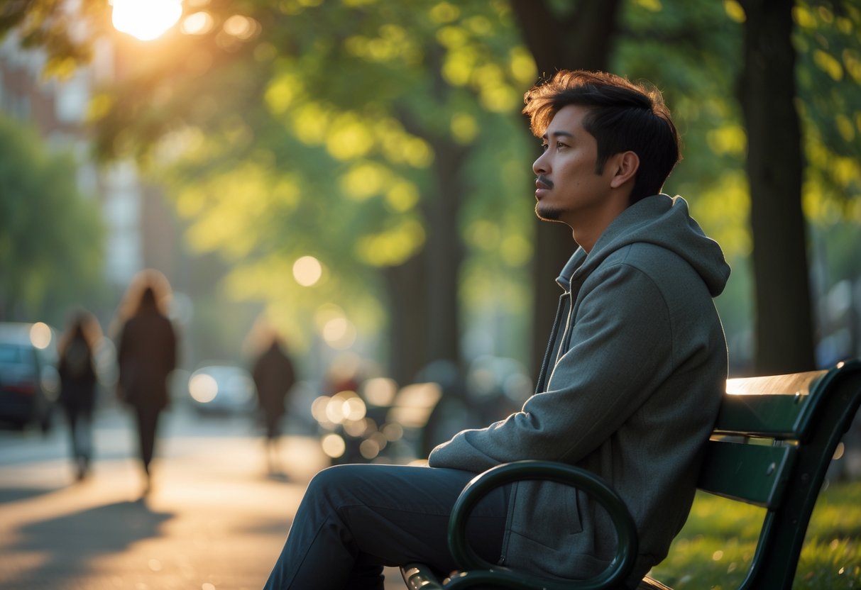 A young adult sitting alone on a park bench looking thoughtful and contemplative in a peaceful park setting.