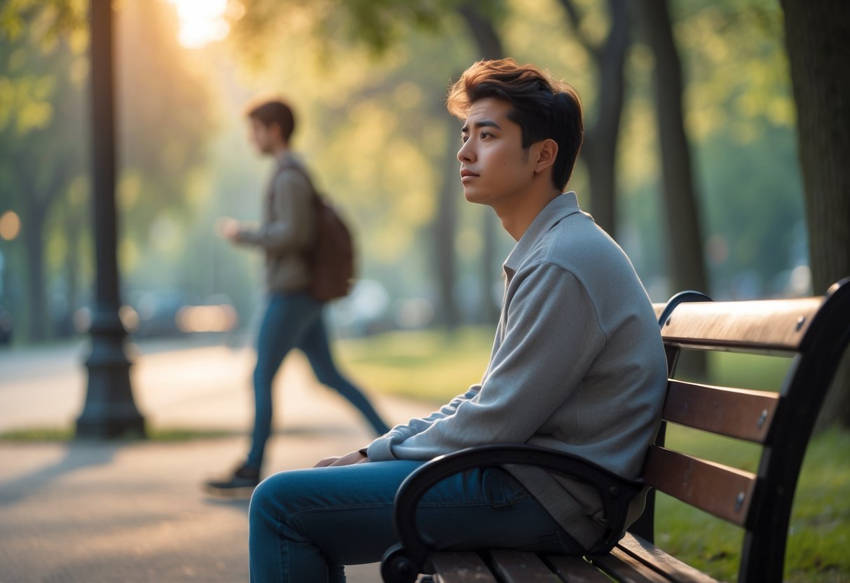A young adult sitting alone on a park bench looking thoughtful while another person walks away in the background.
