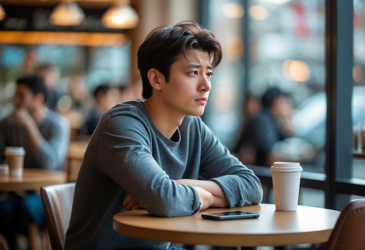 A young adult sitting alone at a café table, looking thoughtful and contemplative.