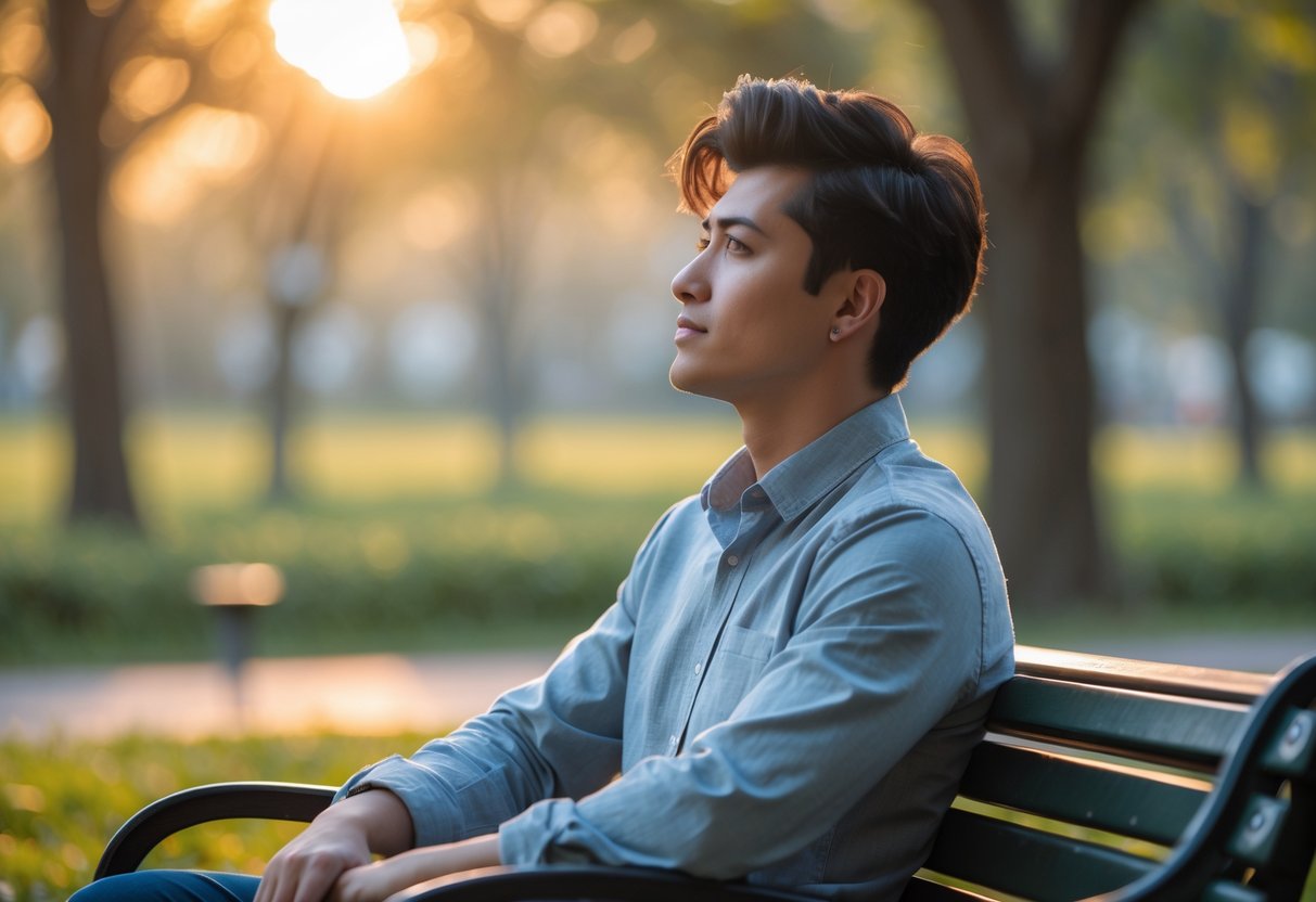 A young adult sitting alone on a park bench, looking thoughtfully into the distance with trees and sunlight in the background.