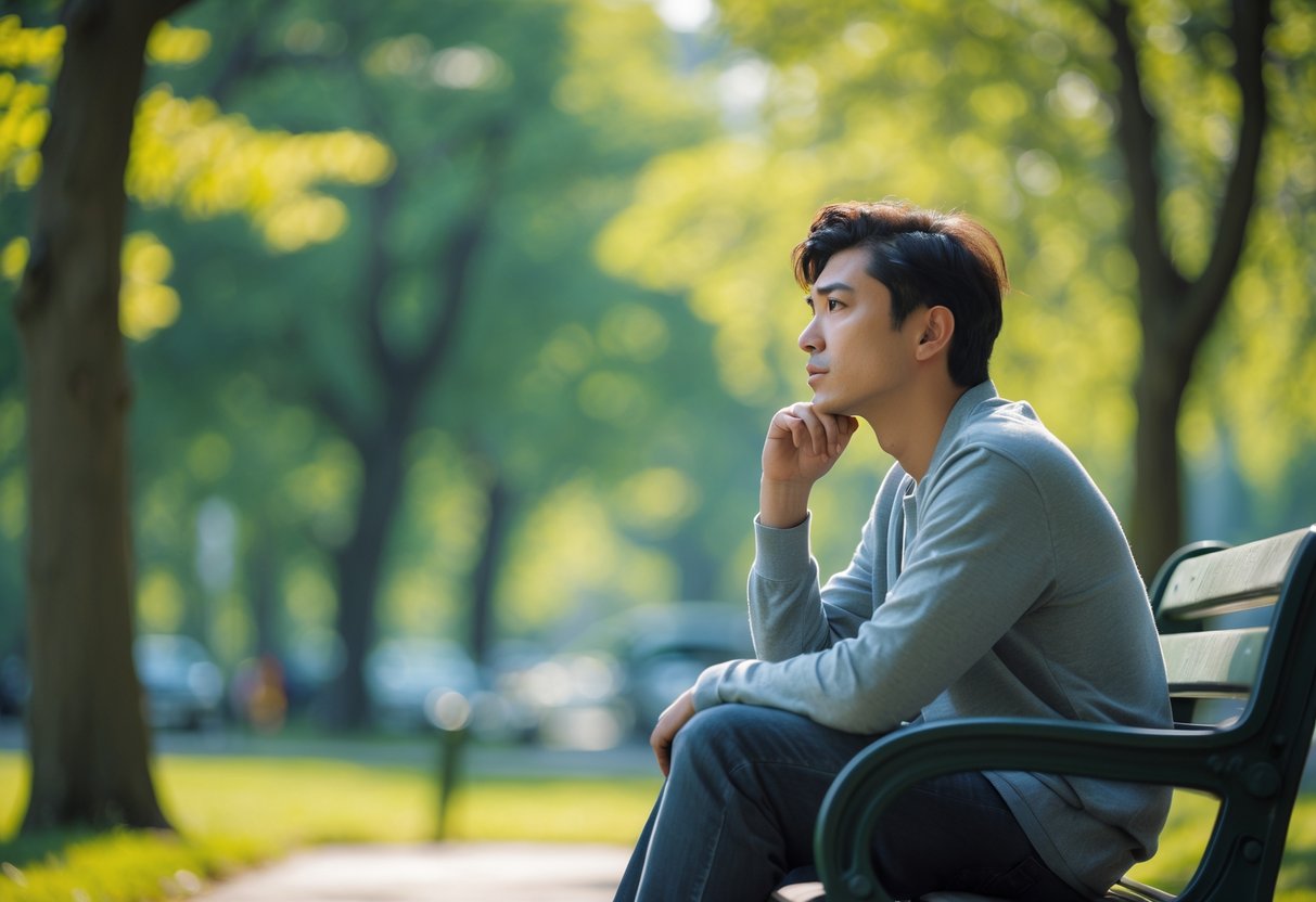 A young adult sitting alone on a park bench looking thoughtful and reflective on a sunny day.