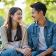 A young couple sitting closely on a park bench, holding hands and smiling at each other outdoors.