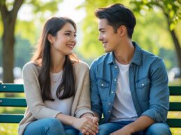 A young couple sitting closely on a park bench, holding hands and smiling at each other outdoors.