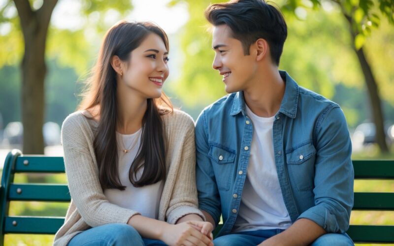 A young couple sitting closely on a park bench, holding hands and smiling at each other outdoors.