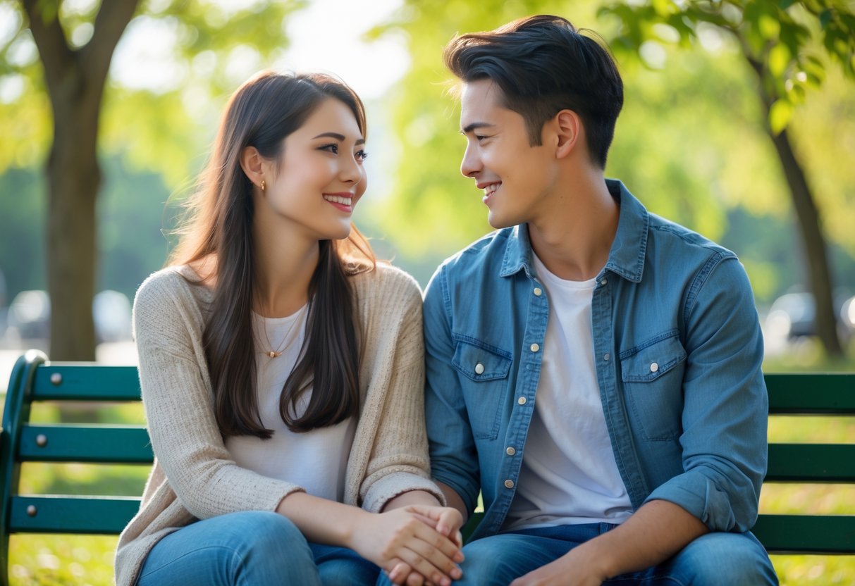 A young couple sitting closely on a park bench, holding hands and smiling at each other outdoors.