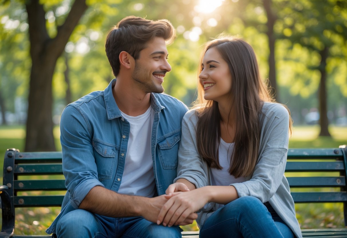 A young couple sitting closely on a park bench, holding hands and smiling at each other outdoors.