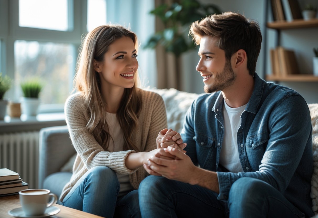 A young couple sitting together in a living room, holding hands and talking with thoughtful expressions.