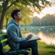 A young adult sitting on a park bench near a calm lake, looking thoughtfully into the distance while holding a cup, with an open journal beside them and trees in the background.