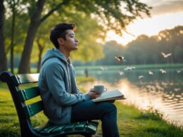 A young adult sitting on a park bench near a calm lake, looking thoughtfully into the distance while holding a cup, with an open journal beside them and trees in the background.