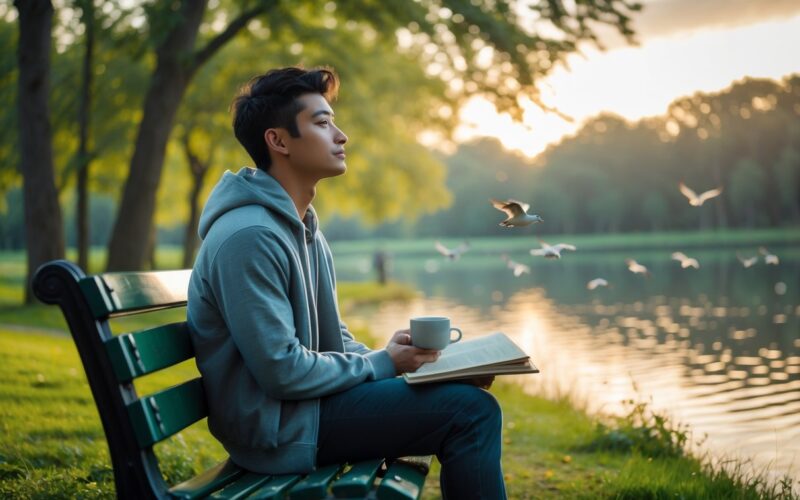 A young adult sitting on a park bench near a calm lake, looking thoughtfully into the distance while holding a cup, with an open journal beside them and trees in the background.