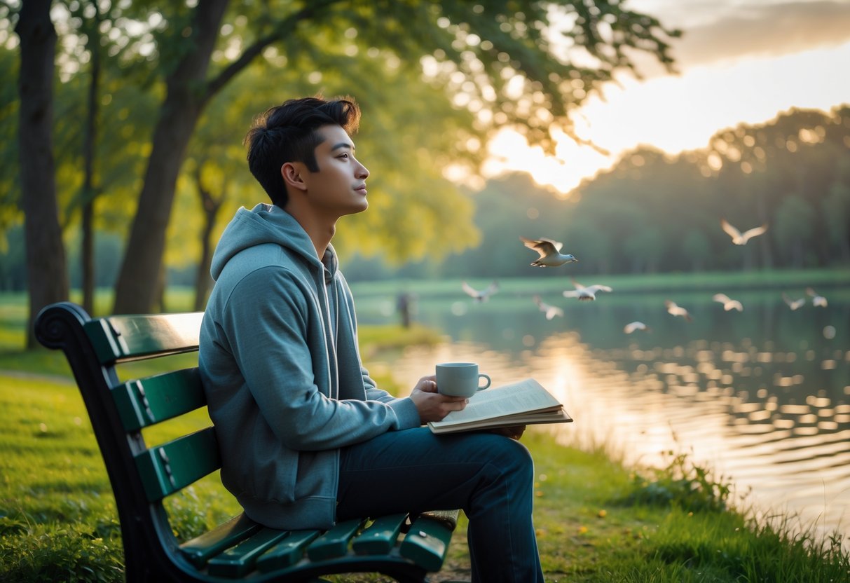 A young adult sitting on a park bench near a calm lake, looking thoughtfully into the distance while holding a cup, with an open journal beside them and trees in the background.