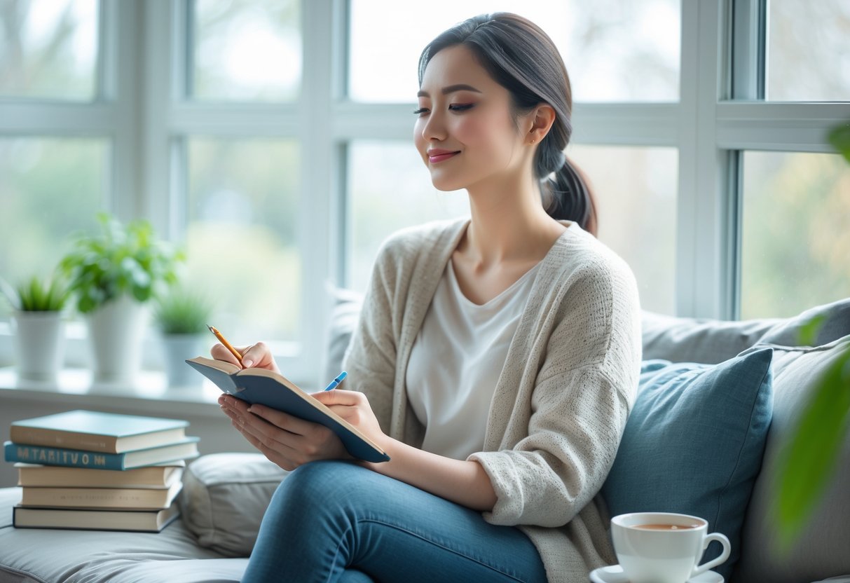 A young woman sitting on a window seat in a bright room, writing in a journal with a peaceful expression, surrounded by a plant, books, and a cup of tea.
