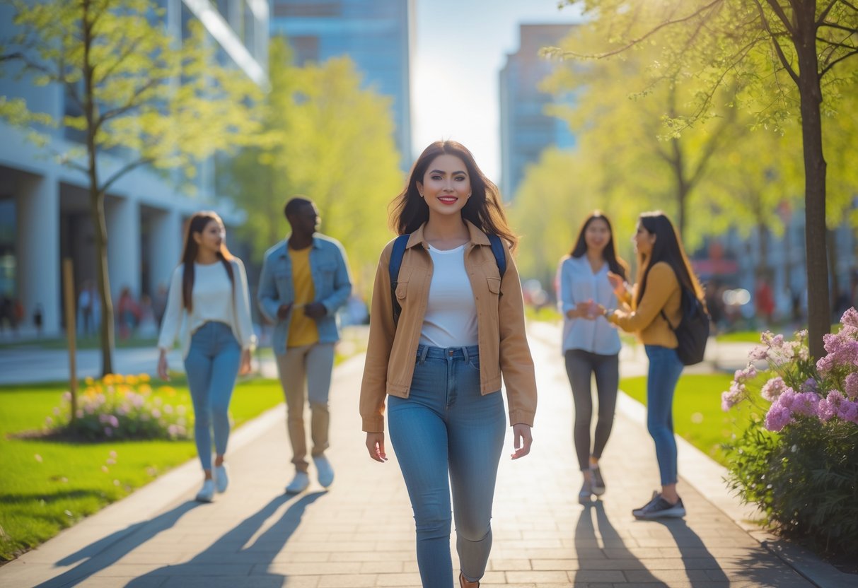 A young woman walking confidently in a sunny park with friends talking nearby, symbolizing moving forward and healthy relationships.