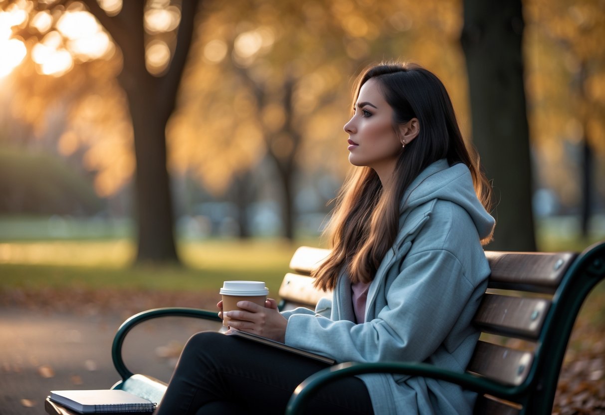 A young woman sitting alone on a park bench holding a cup of coffee, looking thoughtfully into the distance with autumn trees in the background.