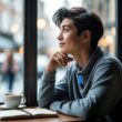 A young adult sitting alone at a café table by a window, looking thoughtfully outside with a gentle smile.