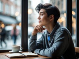 A young adult sitting alone at a café table by a window, looking thoughtfully outside with a gentle smile.