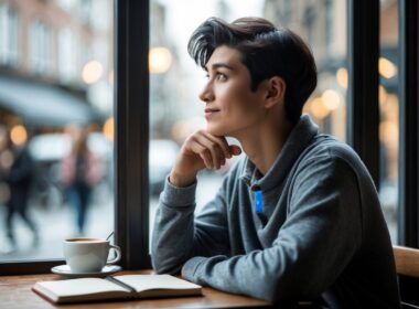 A young adult sitting alone at a café table by a window, looking thoughtfully outside with a gentle smile.