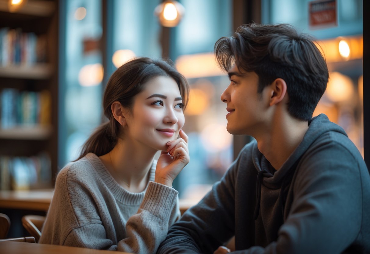 A young woman looks thoughtfully out a window while a young man glances in her direction in a cozy coffee shop.