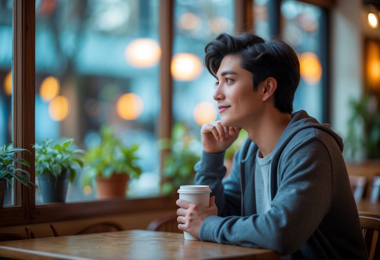 A young adult sitting in a café, looking thoughtfully out of a window while holding a cup.
