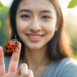 A smiling woman gently holding a ladybug on her fingertip outdoors with greenery in the background.