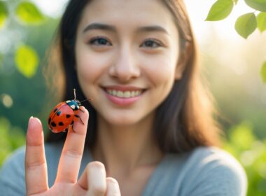 A smiling woman gently holding a ladybug on her fingertip outdoors with greenery in the background.