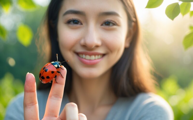 A smiling woman gently holding a ladybug on her fingertip outdoors with greenery in the background.