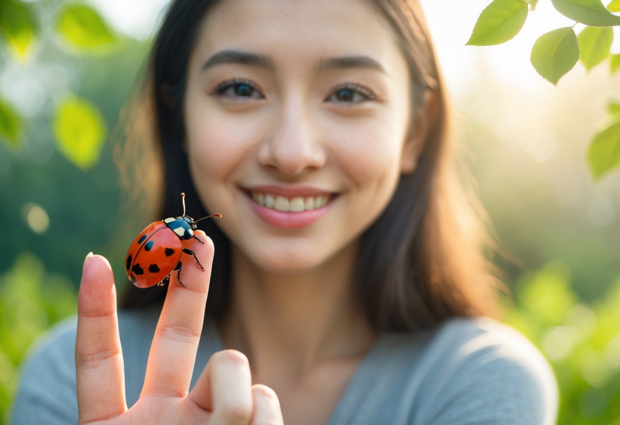 A smiling woman gently holding a ladybug on her fingertip outdoors with greenery in the background.