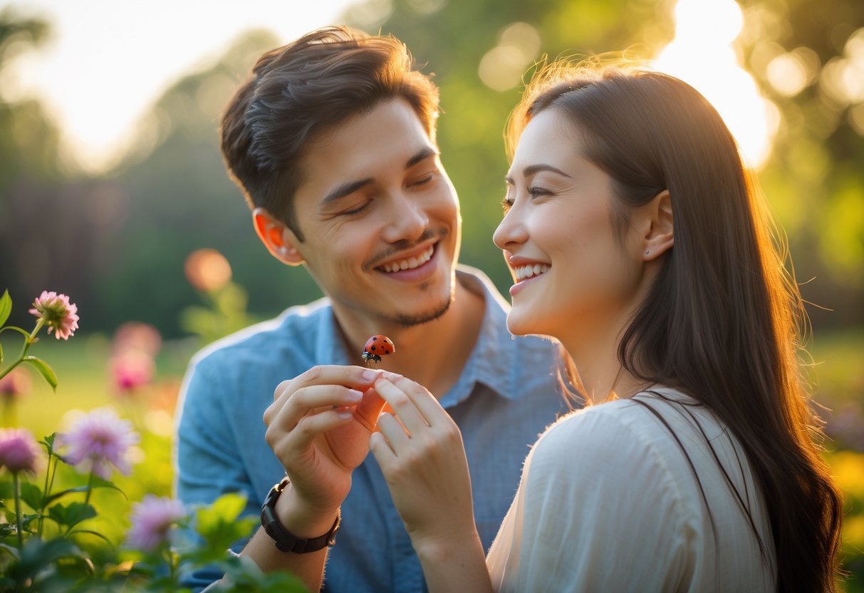 A smiling young couple outdoors, one holding a ladybug on their finger, surrounded by green plants and flowers.