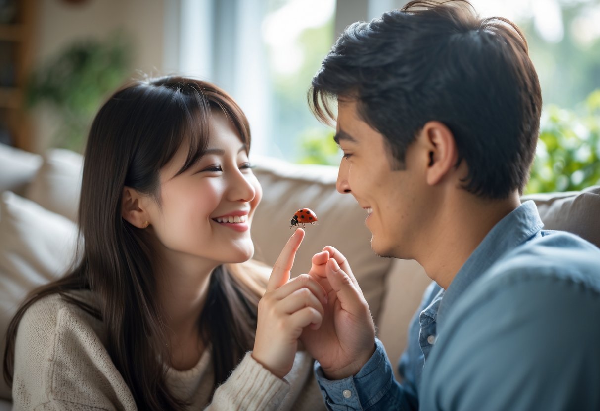 Two people sharing a warm moment as one holds a small ladybug on their finger, smiling affectionately at each other in a cozy living room.