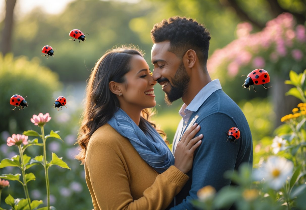 A couple smiling warmly at each other outdoors with ladybugs on nearby flowers in a garden setting.
