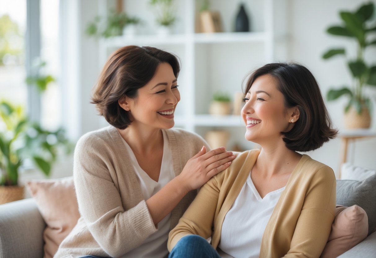 Two adults sharing a warm, affectionate moment in a bright living room, one smiling and gently touching the other's arm.