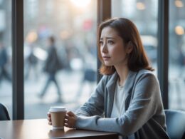 A young woman sitting alone at a café table, looking thoughtfully out a window with a cup of coffee in her hand.