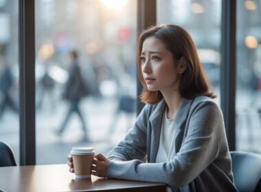 A young woman sitting alone at a café table, looking thoughtfully out a window with a cup of coffee in her hand.