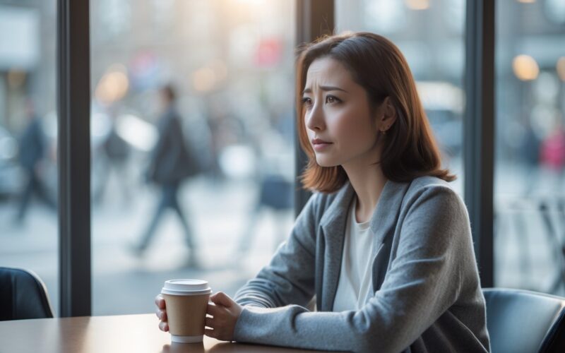 A young woman sitting alone at a café table, looking thoughtfully out a window with a cup of coffee in her hand.