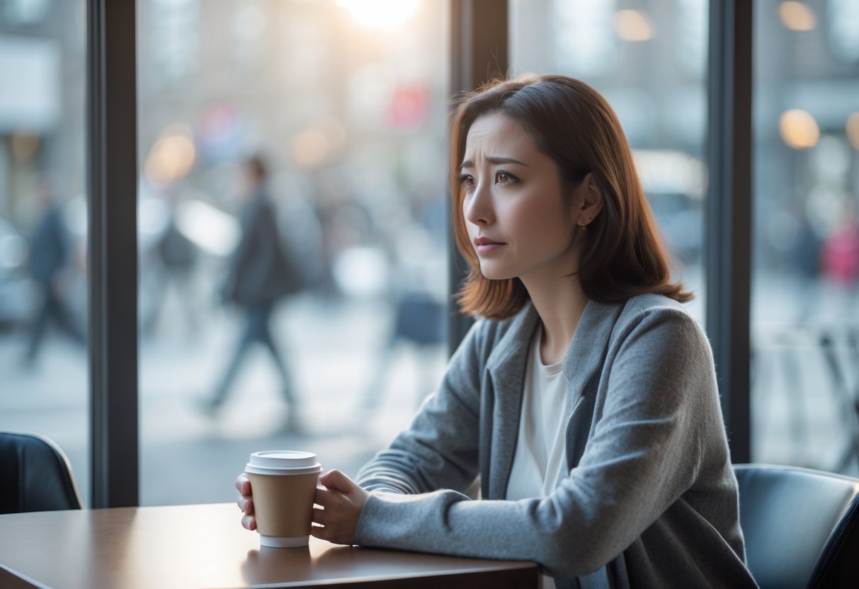 A young woman sitting alone at a café table, looking thoughtfully out a window with a cup of coffee in her hand.
