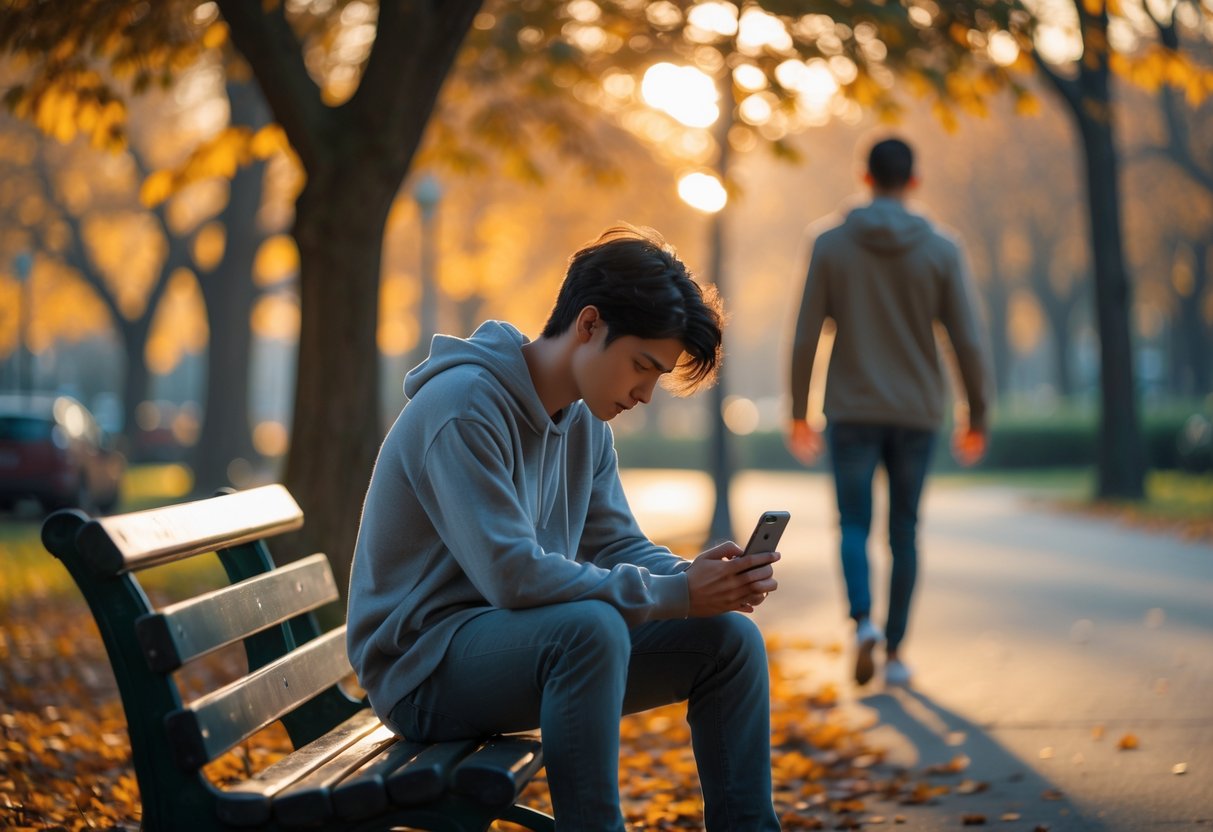A young adult sitting alone on a park bench looking thoughtful and sad, while a couple walks away hand-in-hand in the background among autumn trees.