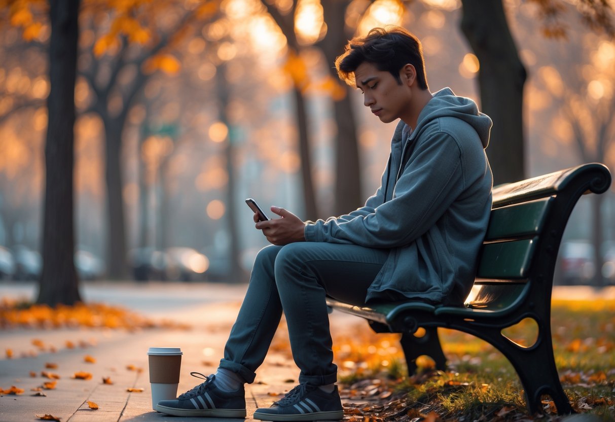 A young adult sitting alone on a park bench, looking thoughtful and holding a smartphone, surrounded by autumn leaves in a quiet park.