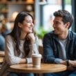 A young woman and man sitting together in a coffee shop, sharing a friendly and relaxed moment.