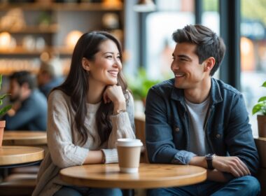 A young woman and man sitting together in a coffee shop, sharing a friendly and relaxed moment.