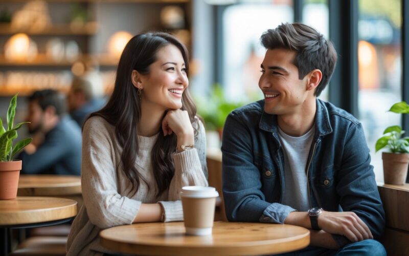 A young woman and man sitting together in a coffee shop, sharing a friendly and relaxed moment.