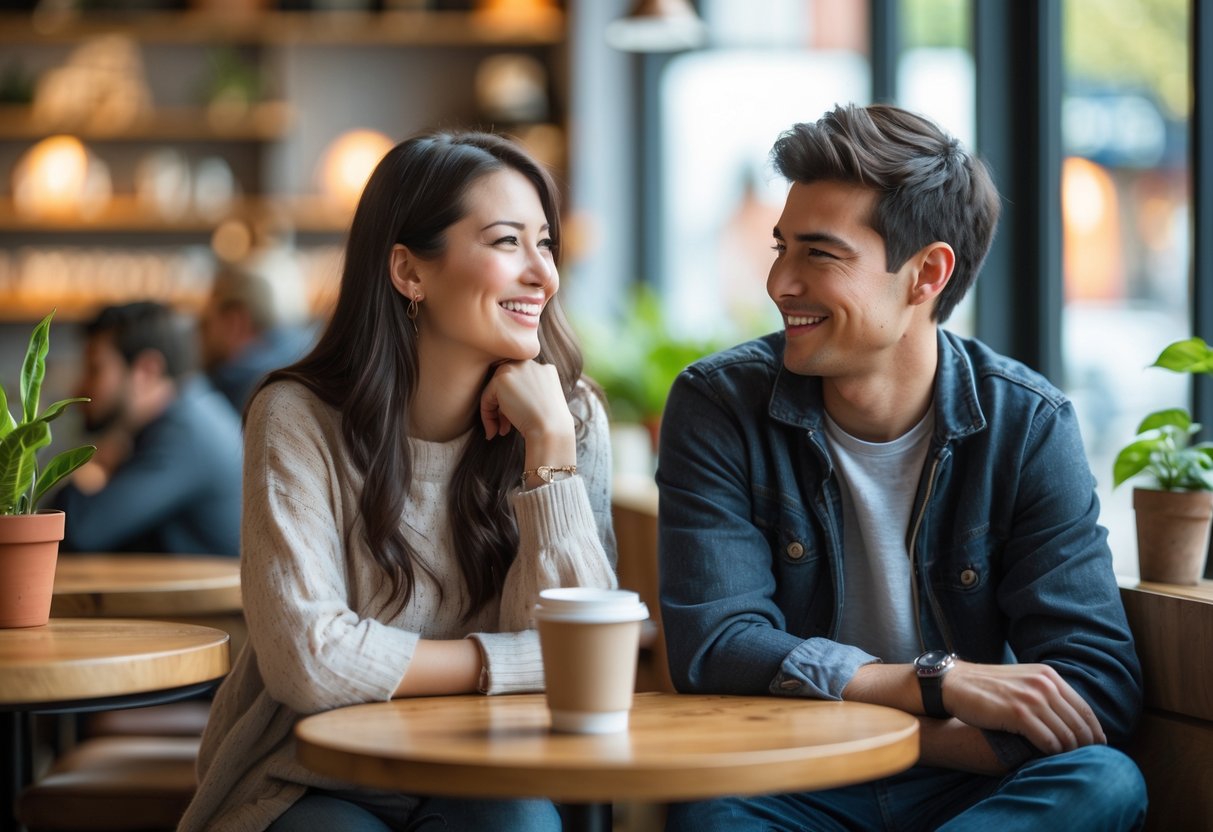 A young woman and man sitting together in a coffee shop, sharing a friendly and relaxed moment.