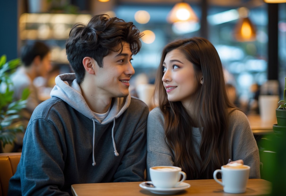 A young man and woman sitting together in a cafe, smiling and talking casually.