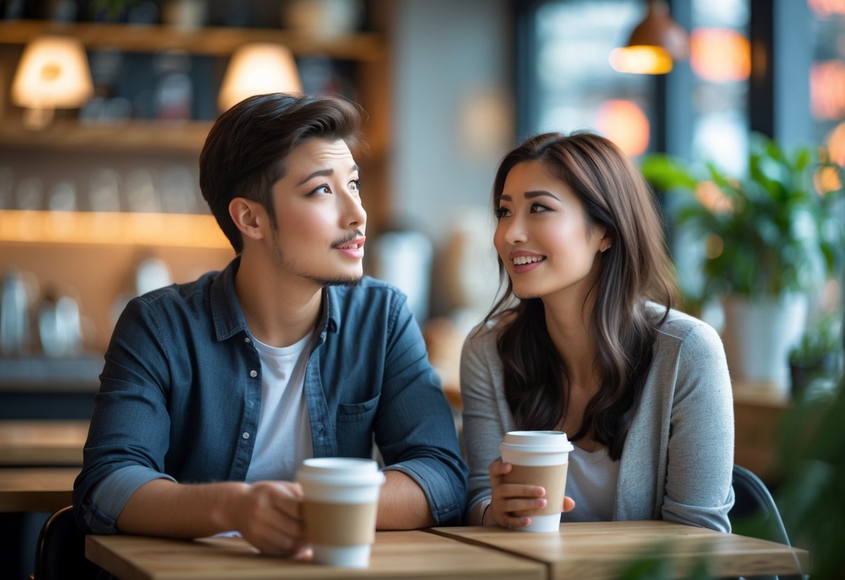 A young man and woman sitting together in a coffee shop, the man looking surprised while the woman smiles warmly at him.