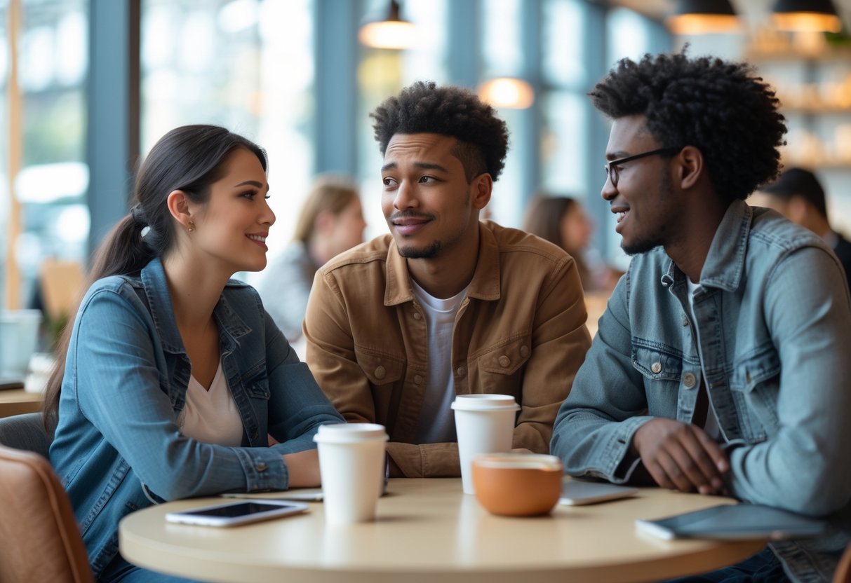 A group of young adults having a friendly conversation in a café, with one person looking uncertain and another smiling warmly.