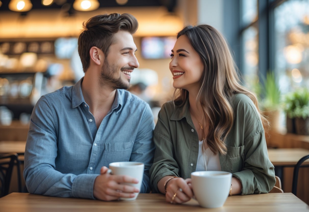 A young man and woman smiling and talking casually together in a coffee shop.