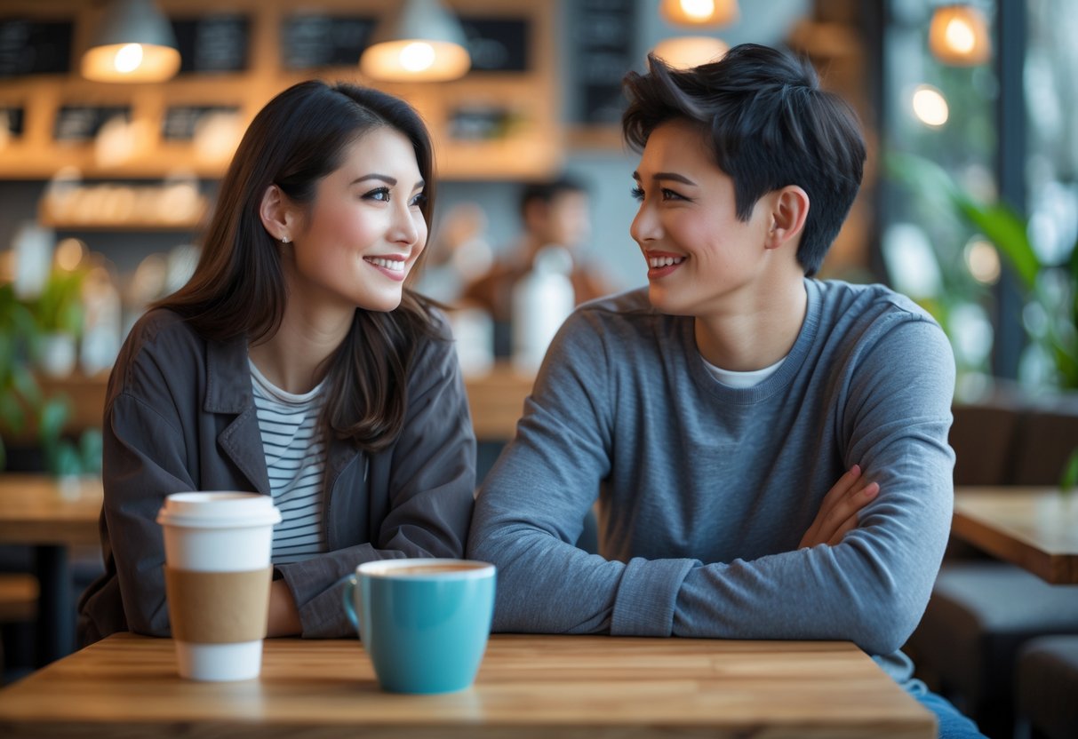 A young woman and man sitting together in a coffee shop, smiling and talking.