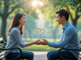 A man and a woman sitting on a park bench holding hands and looking at each other with gentle expressions, surrounded by green trees in soft natural light.