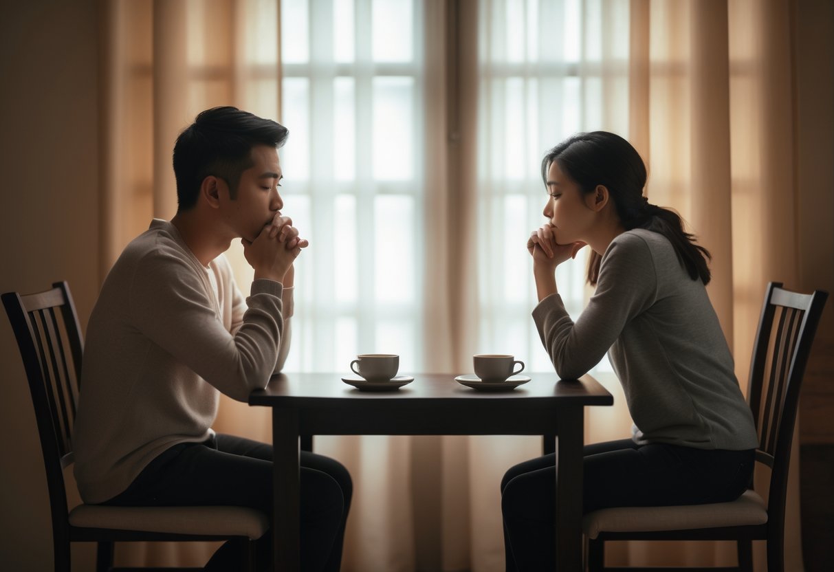 A couple sitting at a table looking thoughtful and emotionally vulnerable, having a serious conversation in a cozy room.